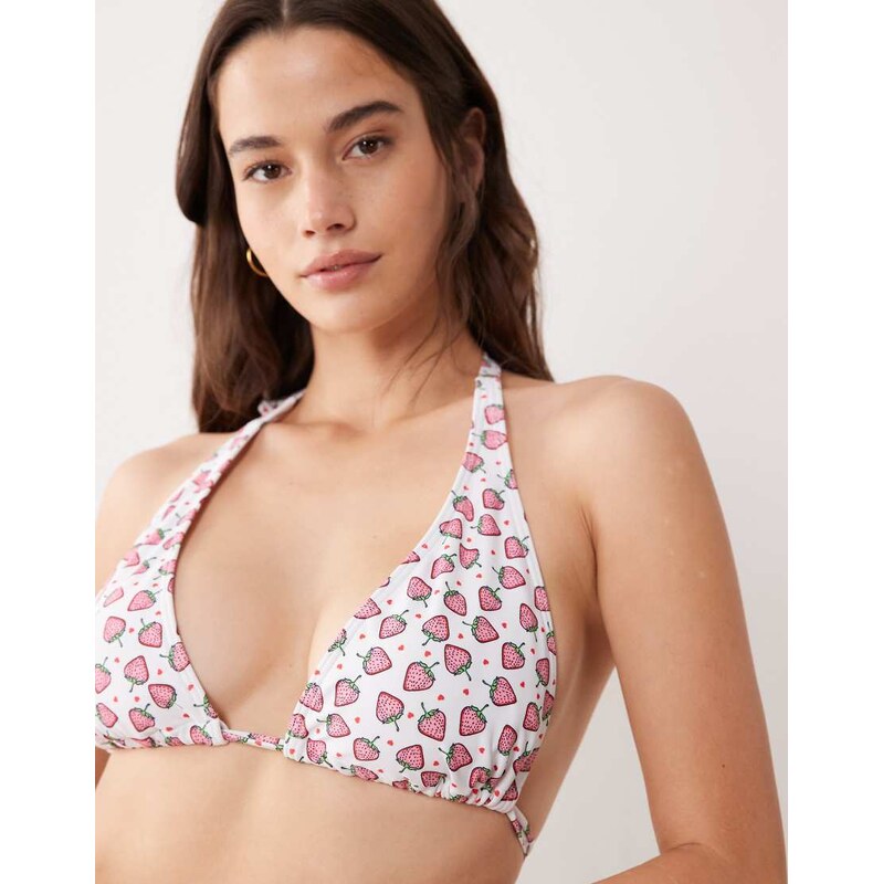 Peek & Beau apex triangle bikini top in strawberry print-Red 115678751