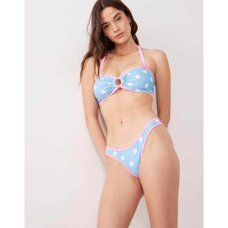 Peek & Beau high leg bikini bottom with pink contrast in blue polka 115678752