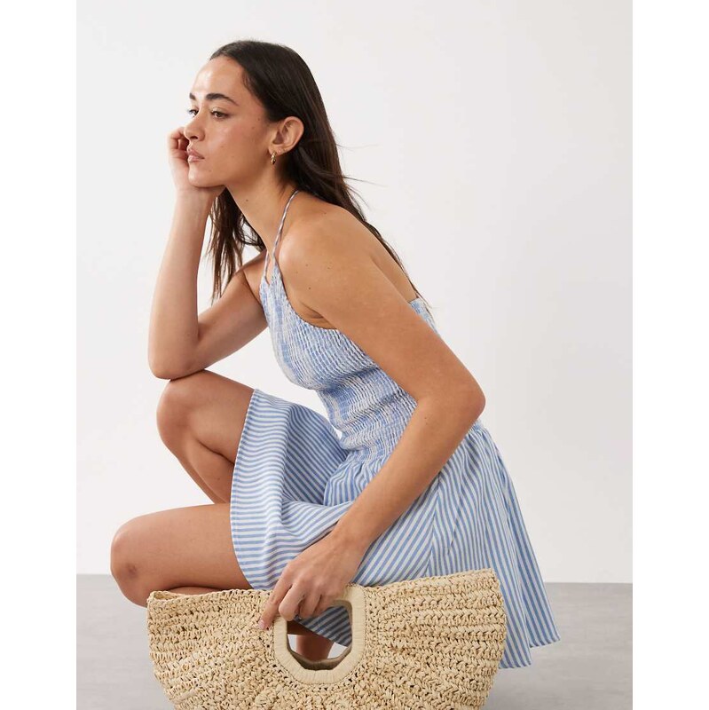 Esmee halter mini beach dress in blue & white stripe