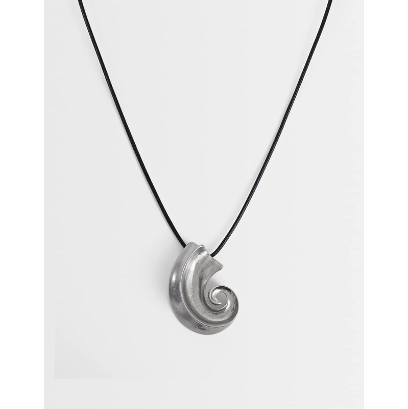 ASOS DESIGN black corded necklace with shell pendant in worn silver 115679369