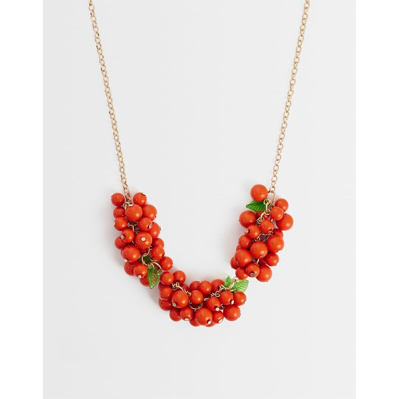 ASOS DESIGN statement necklace with red berry beads-Gold 115679475