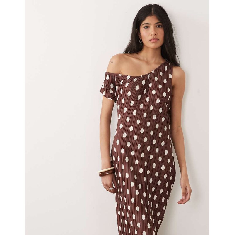ASOS DESIGN off shoulder plisse midi dress in brown polka dot