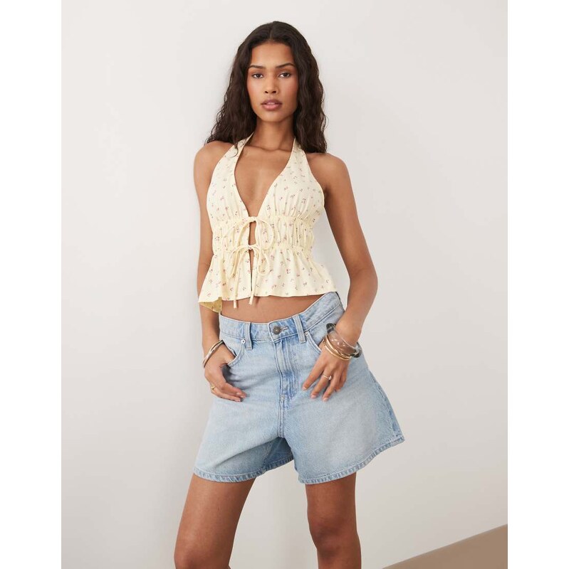 New Look tie front halter top in ditsy yellow floral