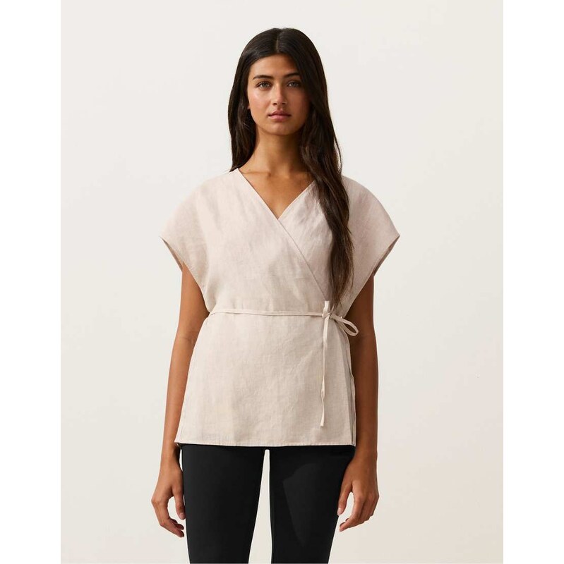 OYSHO 100% linen wrap tie shirt in sand melange-Brown