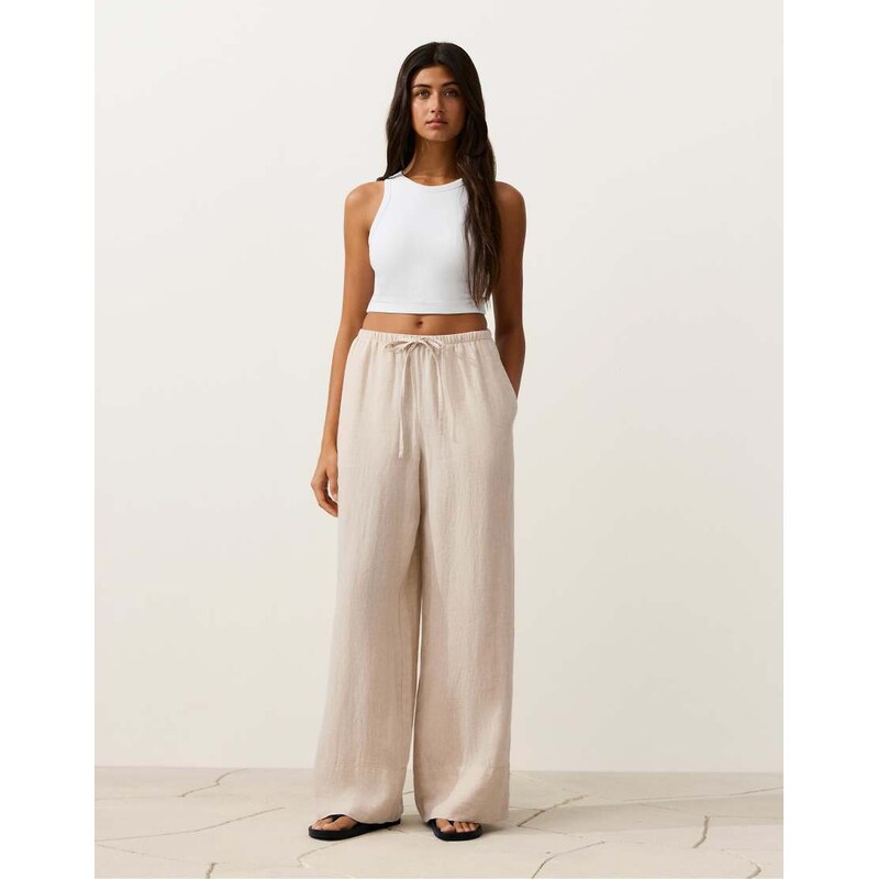 OYSHO 100% linen straight-leg trousers with seam detail in sand 115704882
