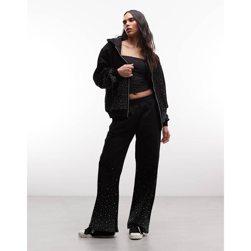 Cernucci rhinestone embellished wide leg joggers co-ord in black