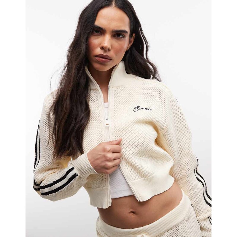 Cernucci crochet knit funnel neck double-zip logo track jacket