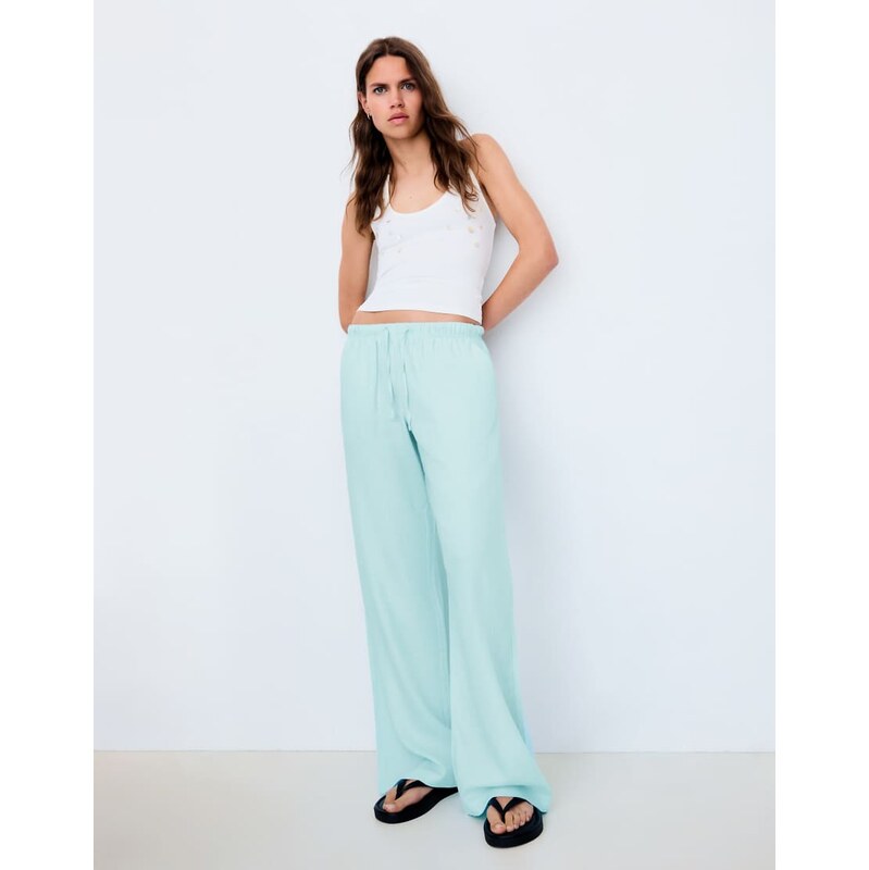 Bershka Linen blend trousers with an elasticated waistband in blue 115712115