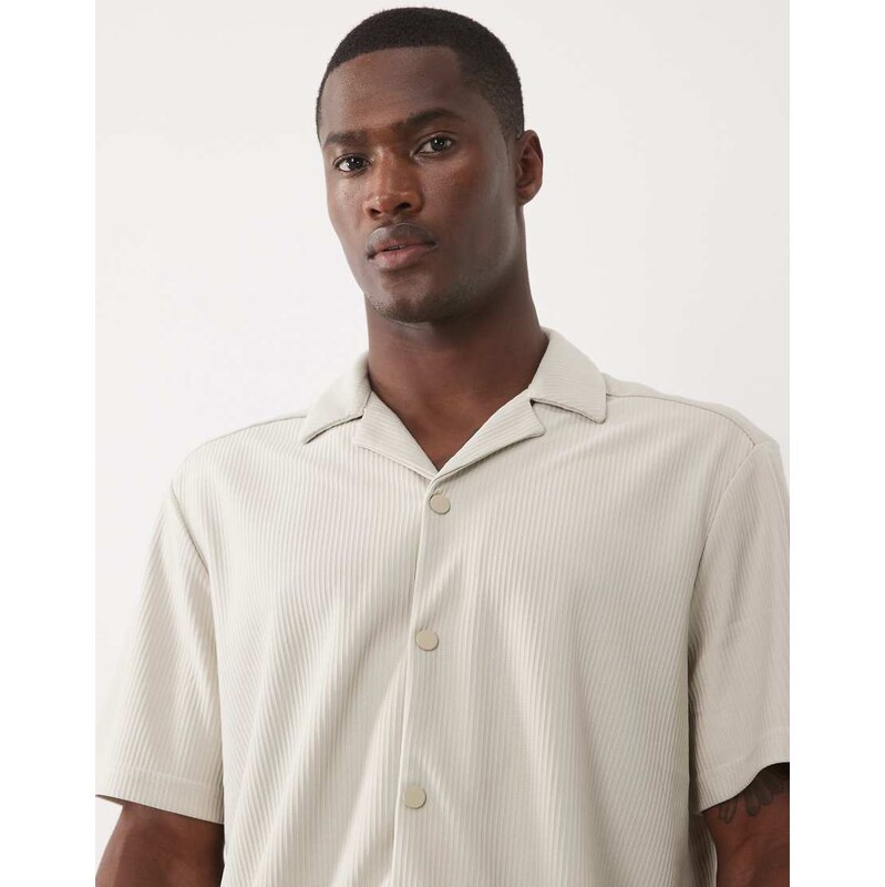 ONLY & SONS plisse revere collar shirt co-ord in beige-Neutral