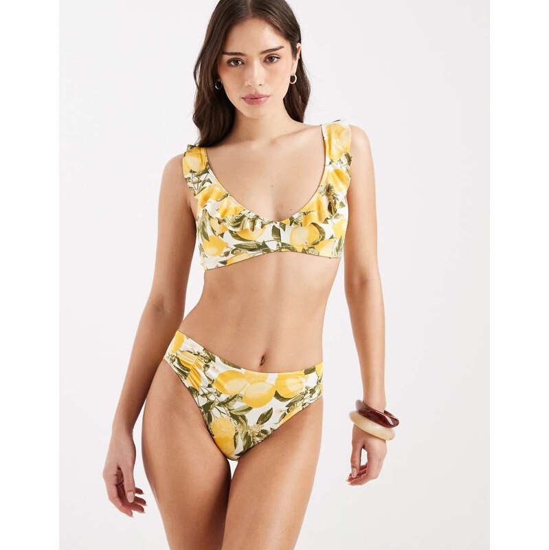 Lindex lemon print ruched side bikini bottom in white multi 115681814