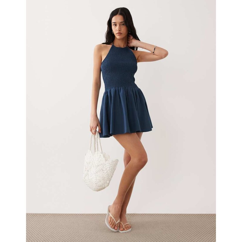 Esmee shirred detail halter mini beach dress in denim blue