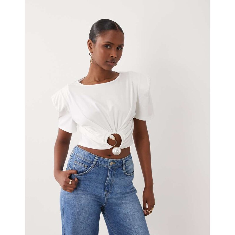 ASOS LUXE cropped t-shirt with metal trim in white