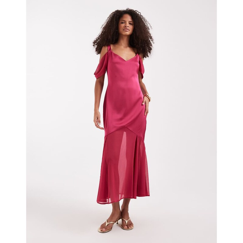Pretty Lavish cold shoulder drop hem sheer maxi dress in berry-Red 115681838