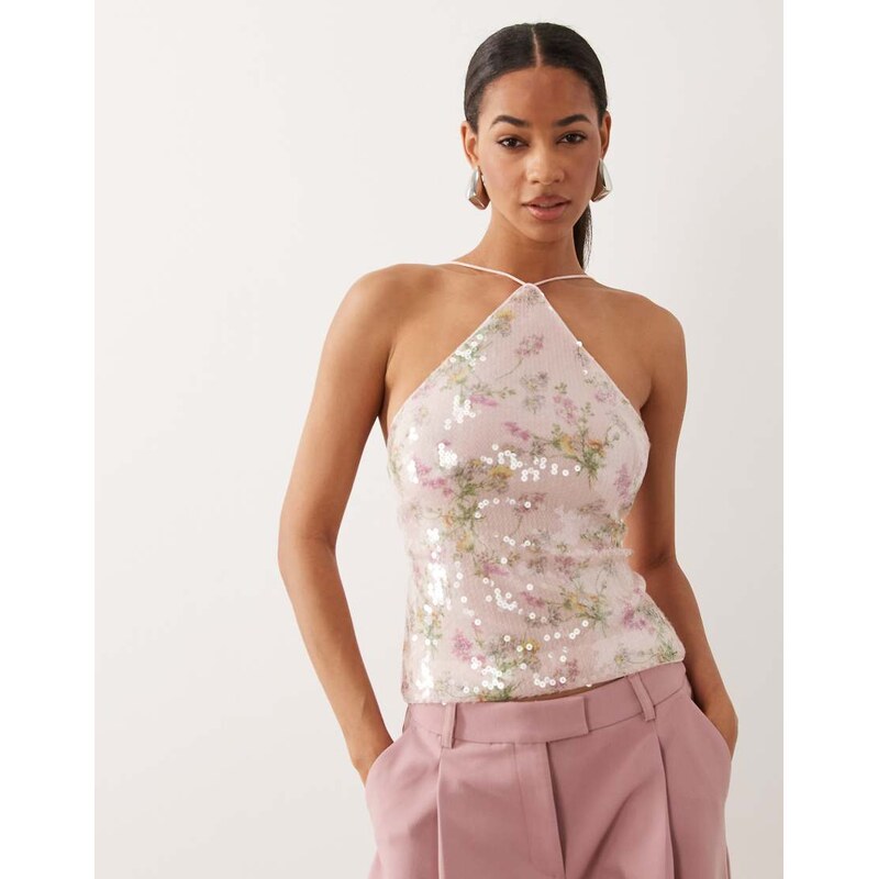 ASOS DESIGN floral allover sequin open back top in pink