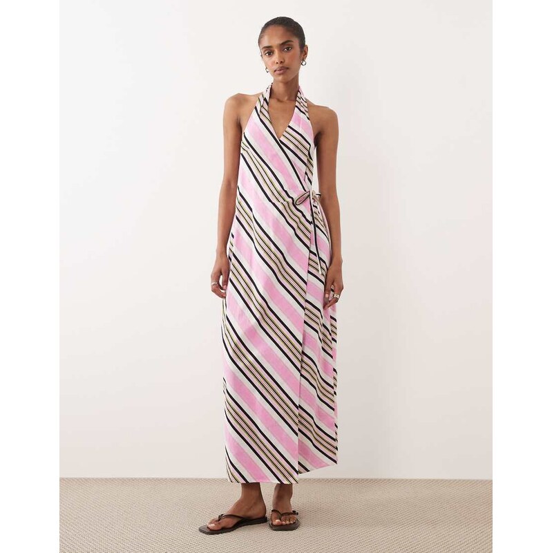 ASOS DESIGN cotton linen halter neck wrap maxi sundress in pink