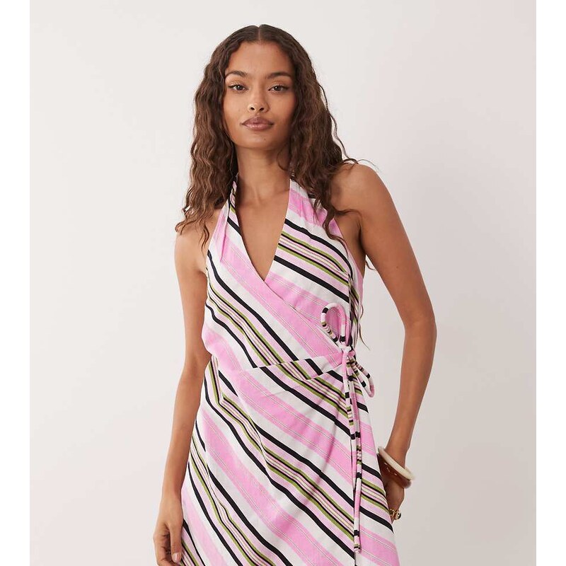ASOS Petite ASOS DESIGN Petite cotton linen halter neck wrap mini 115681885
