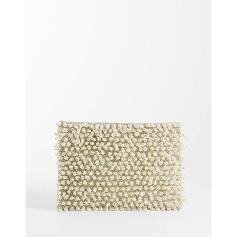 ASOS DESIGN zip top pearl clutch bag in cream-Neutral 115681890