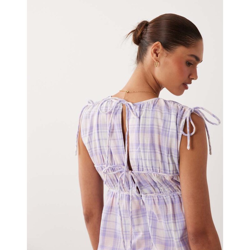 ASOS DESIGN double layer playsuit with tie detail in lilac check 115681894