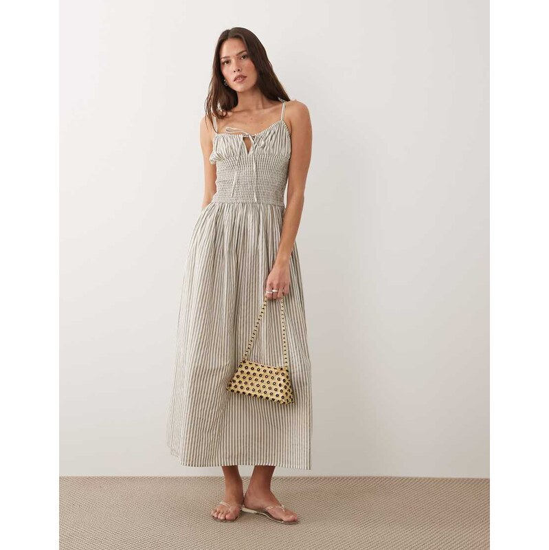 Esmee tie strap shirred beach maxi dress in beige & white stripe