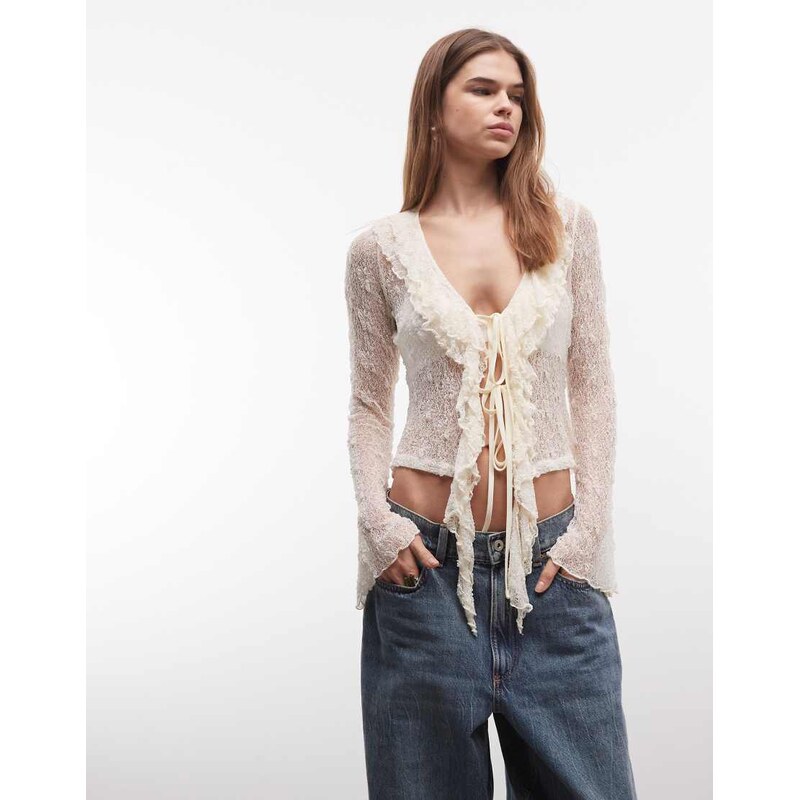 Daisy Street boho ruffle lace tie front top in cream-Neutral 115681908