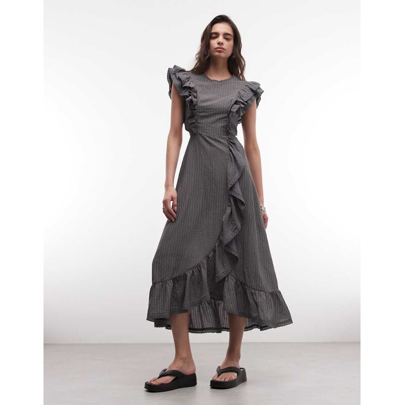 Daisy Street ruffle open back maxi dress in grey stripe 115681913