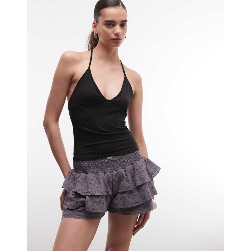 Daisy Street low rise shirred broderie mini rara shorts in grey wash 115681910