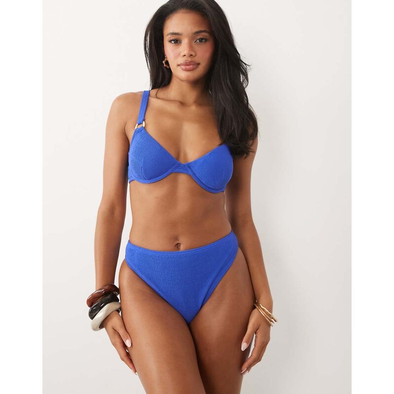 New Look crinkle high leg bikini bottoms in mid blue 115681914