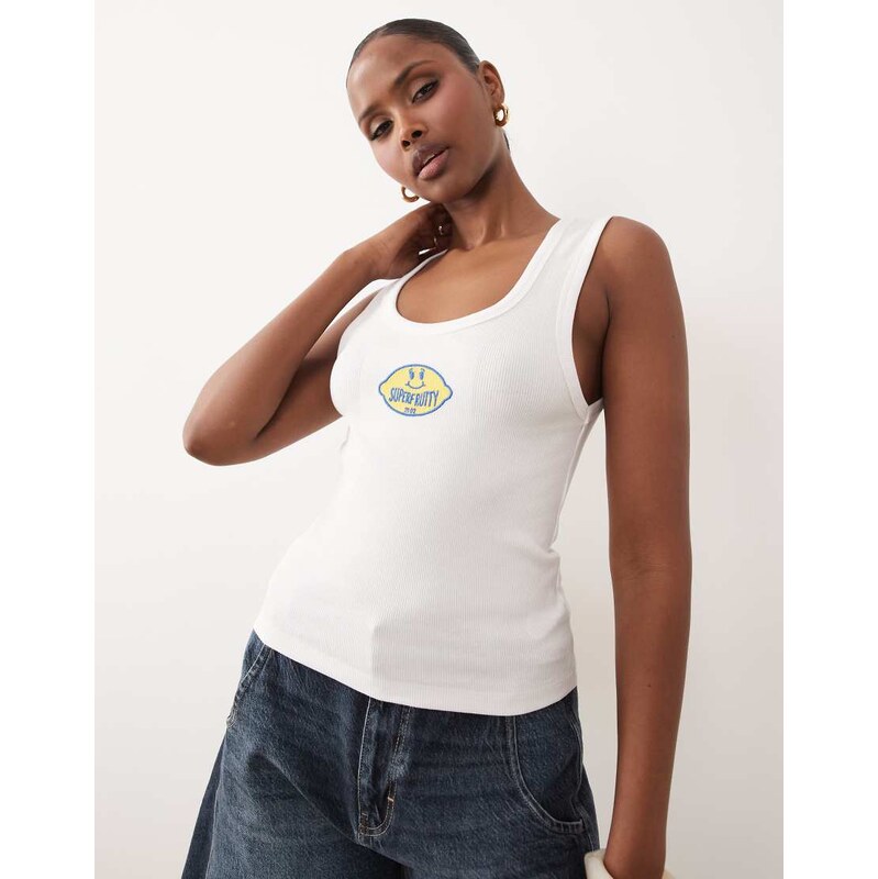 ASOS DESIGN Ribbed vest with lemon sticker embroidery in white