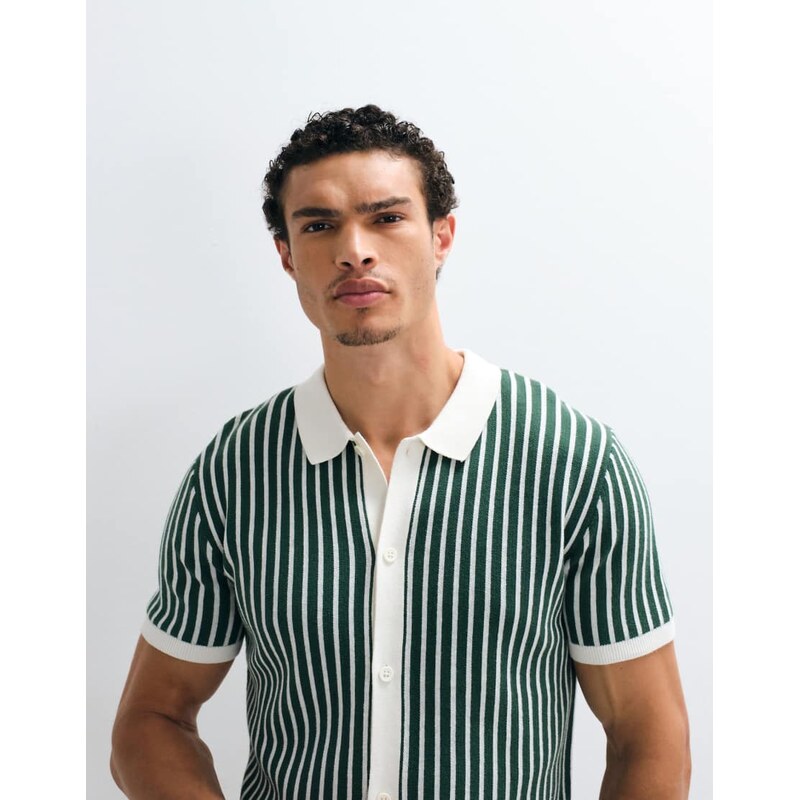 New Look knitted stripe button through shirt in green