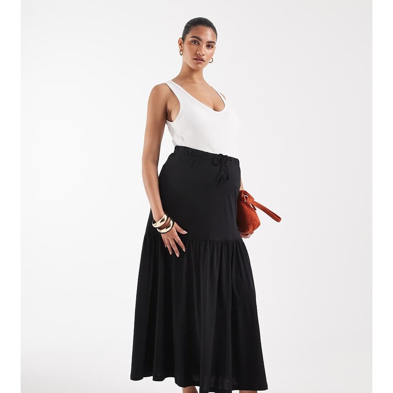 Vero Moda Maternity tie waist jersey tiered boho maxi skirt in black 115681936