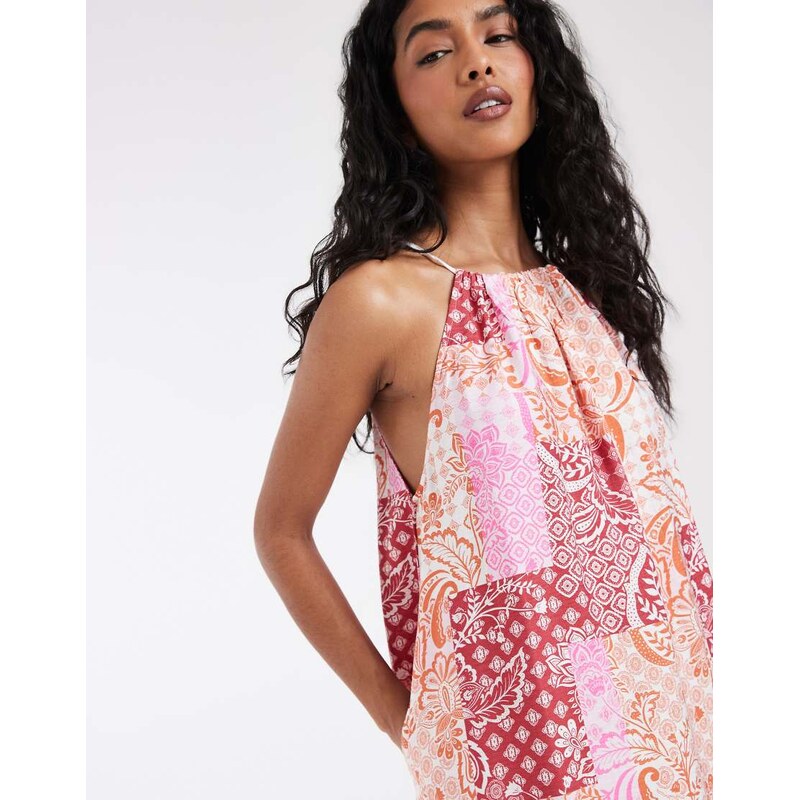 Vero Moda high neck trapeze midi dress in pink paisley patchwork