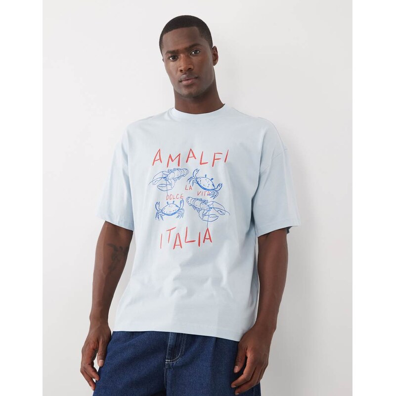 Selected oversized t-shirt with Amalfi print in blue