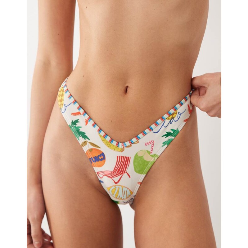 ASOS DESIGN Luna v front bikini bottom in tropical print-Multi