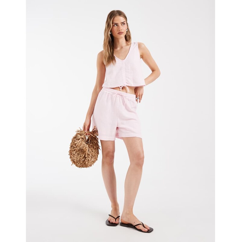Pieces crinkle cotton high waisted shorts co-ord in light pink 115681961