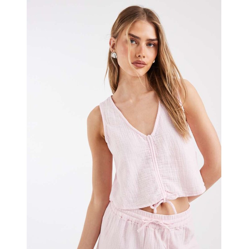 Pieces crinkle cotton sleeveless tie front top co-ord in light