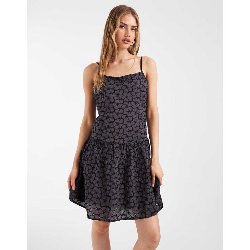Pieces drop waist cotton embroidered mini dress in black