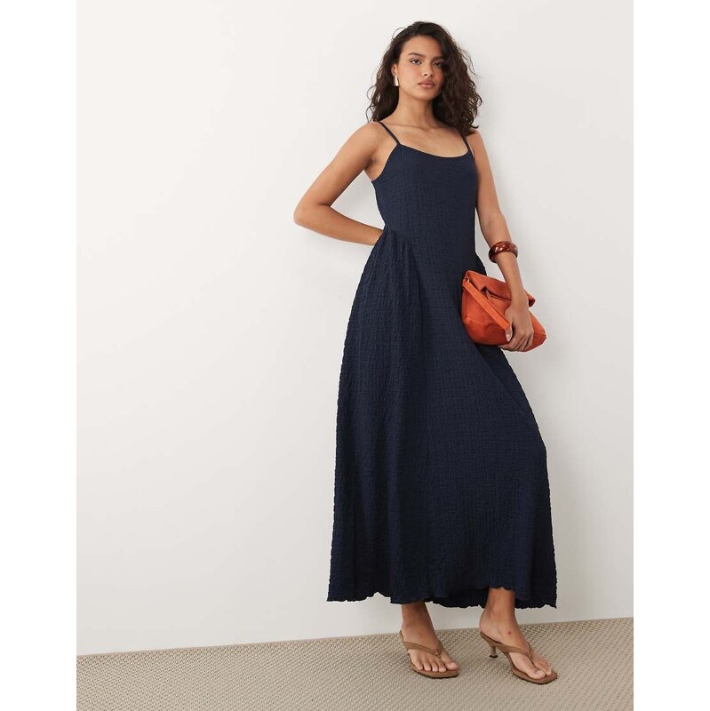 Vila jacquard jersey cami midi dress with waist details in navy