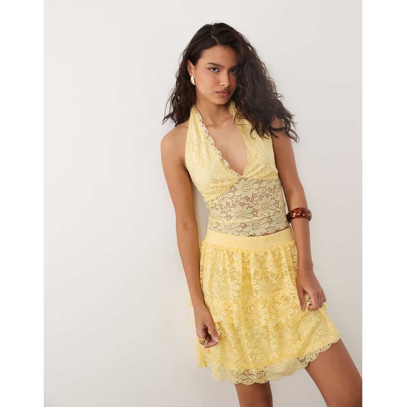 Vila halter neck sheer lace top co-ord in pastel yellow 115681969
