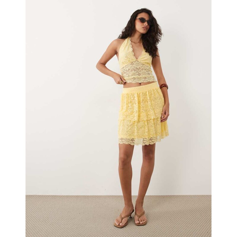 Vila flippy layered lace mini skirt co-ord in pastel yellow 115681970