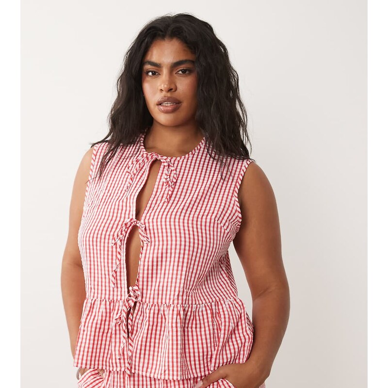 Vila Curve tie front peplum hem top co-ord in red and white gingham 115681971