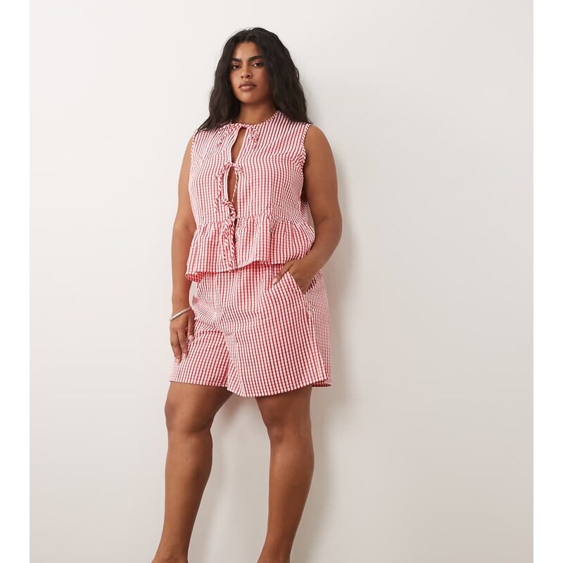 Vila Curve high waist shorts co-ord in red and white gingham