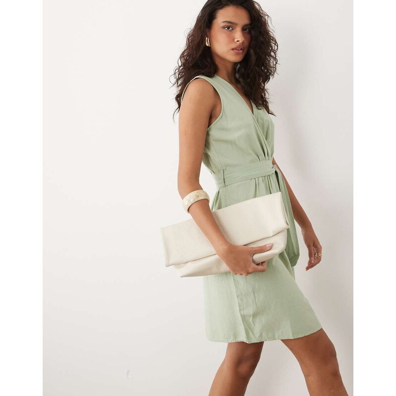 Vila linen blend wrap front mini dress with tie belt in smoke