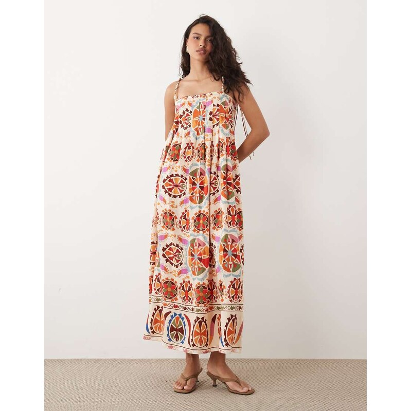 Vila beaded strap pleated cami maxi dress in red conversational