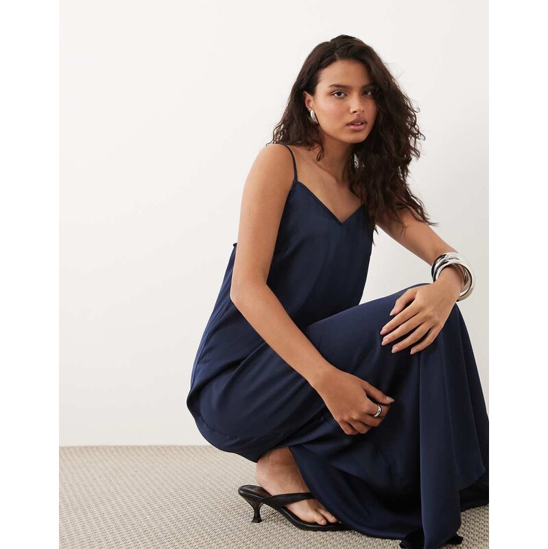 Vila satin cami maxi dress in navy