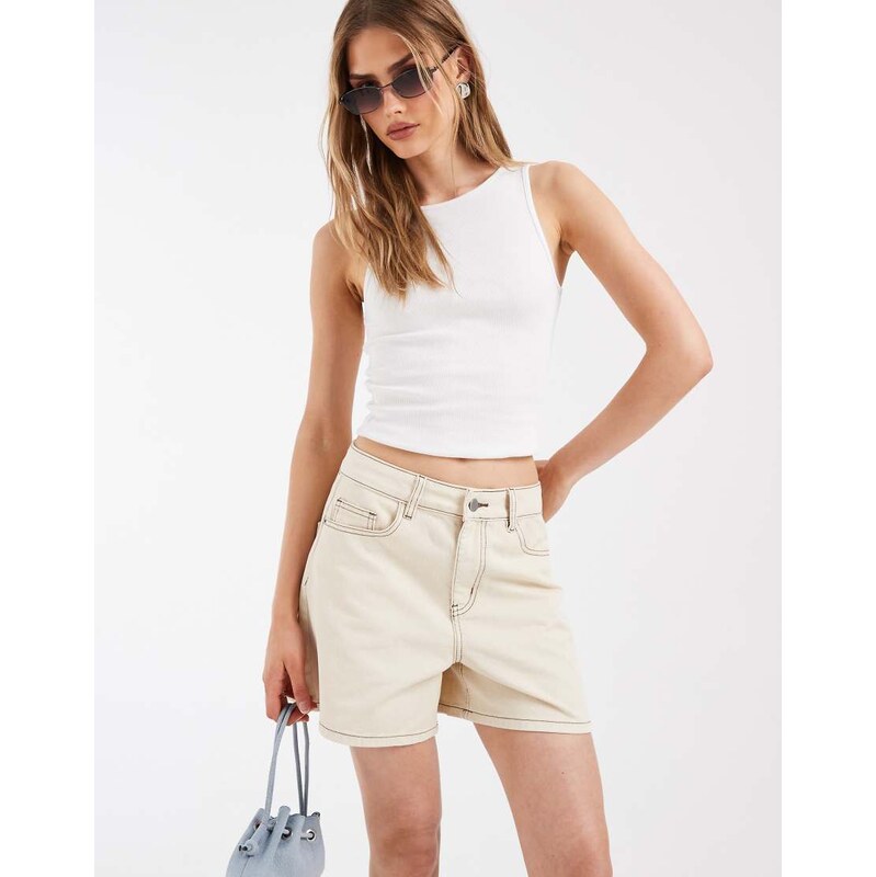 Object high waisted loose fit denim shorts in cream-White 115681982
