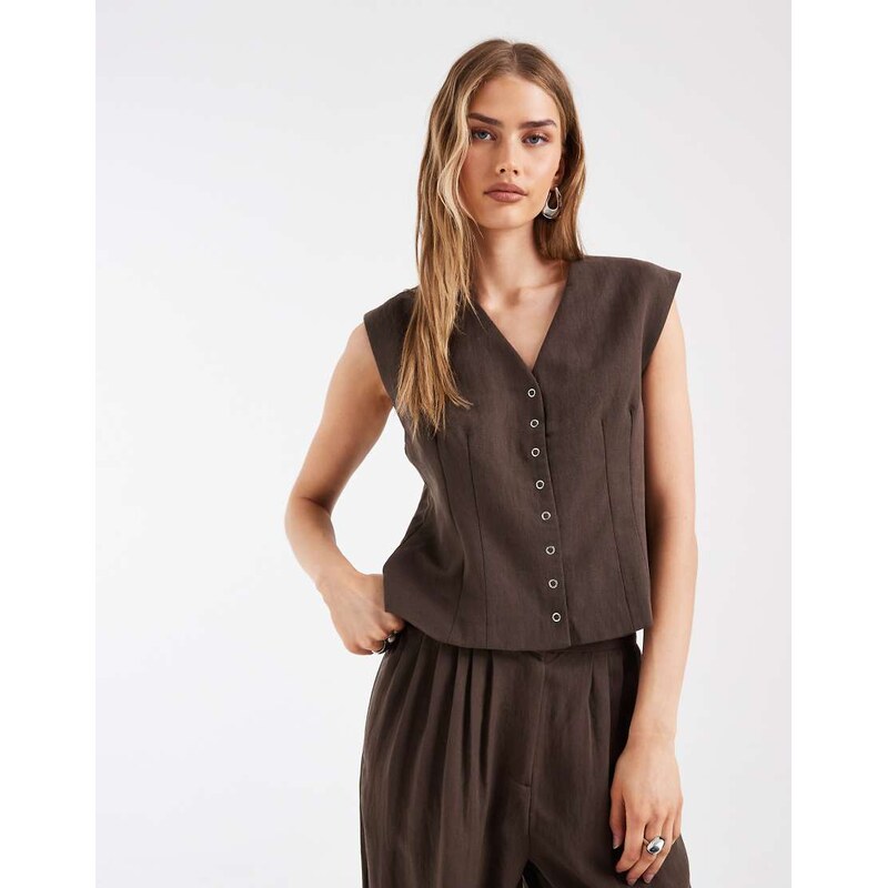 Object linen look tailored popper front waistcoat co-ord in chocolate 115681983