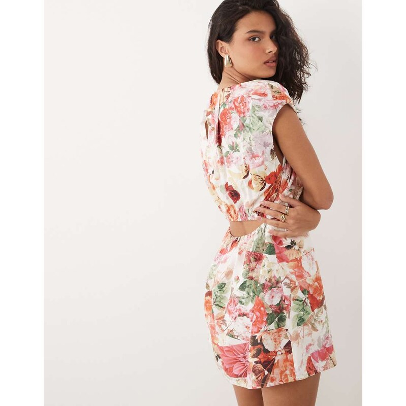 YAS gathered mini dress with open back detail in mixed rose print-Pink 115681984