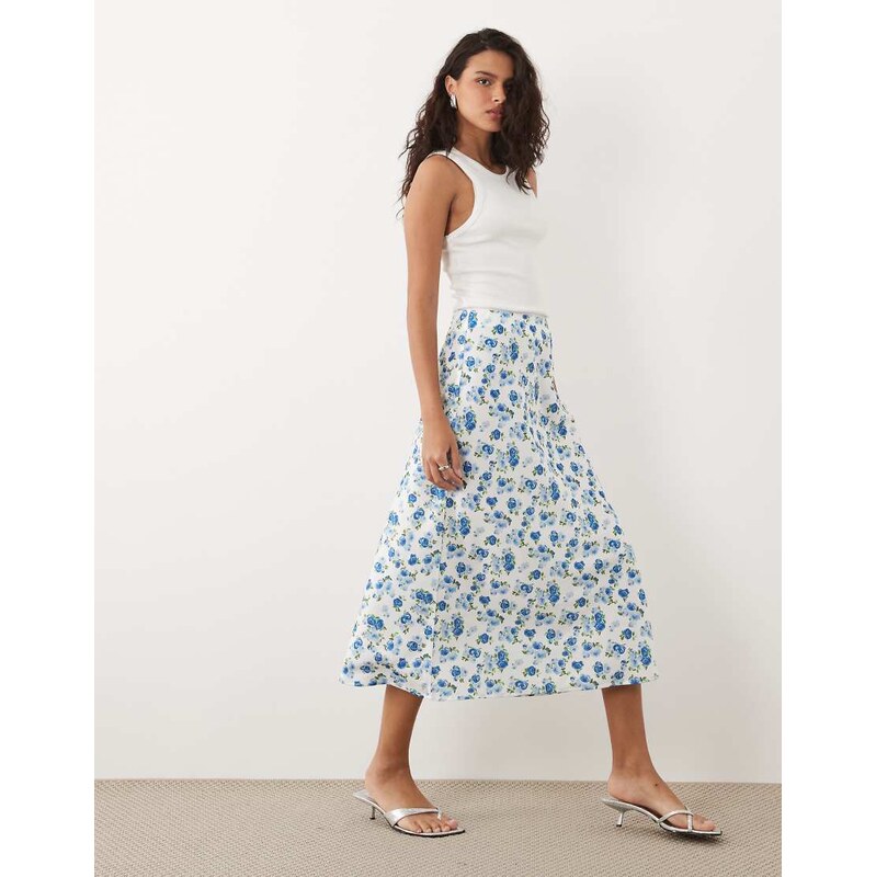 YAS satin midi skirt in blue ditsy floral print 115681985