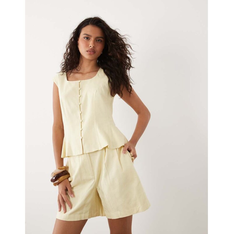 YAS linen touch round neck tie back waistcoat co-ord in pastel yellow 115681986