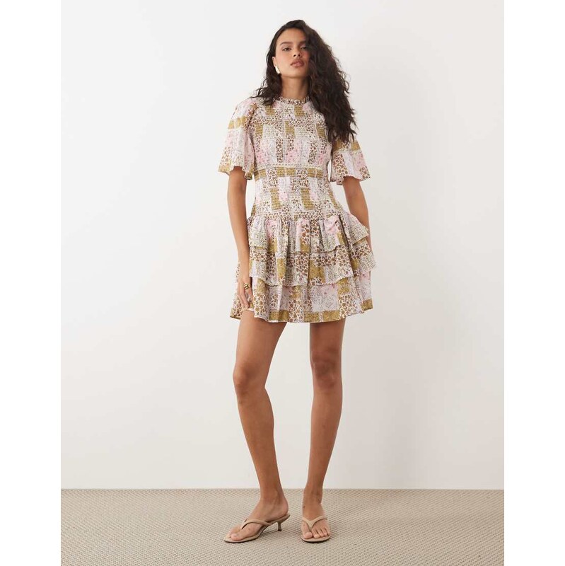 YAS shirred bodice tiered ruffle hem mini dress in patchwork floral 115681990